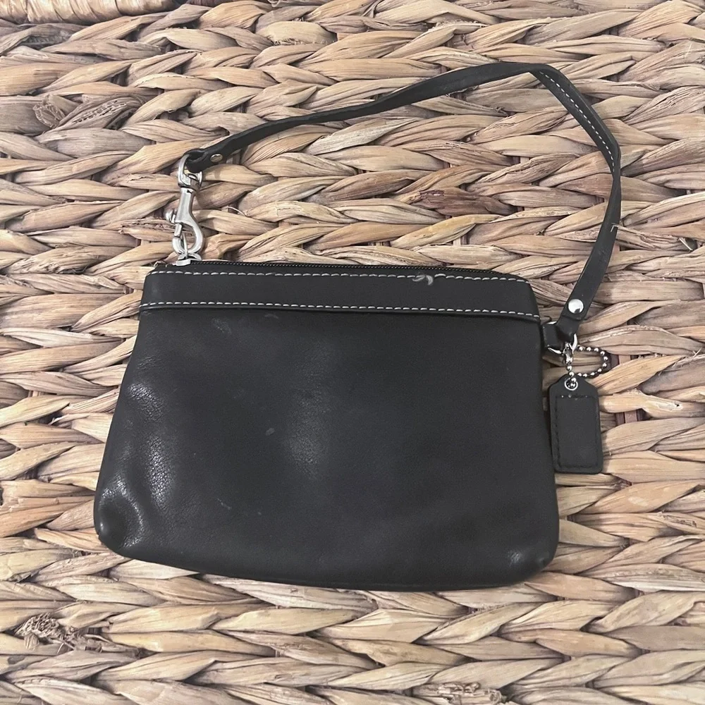 Authentic Coach Black Leather Wristlet with Silver Hardware